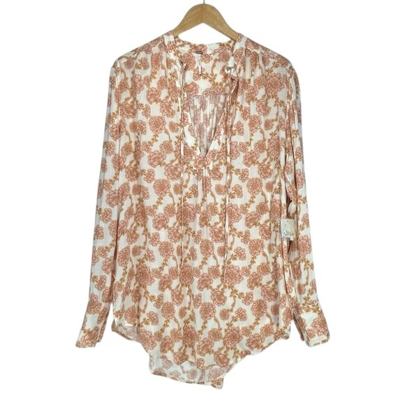 FREE PEOPLE Mia Tunic Top Sz M Pink Beige Floral VNeck Tie Front Viscose Woven - Picture 2 of 16